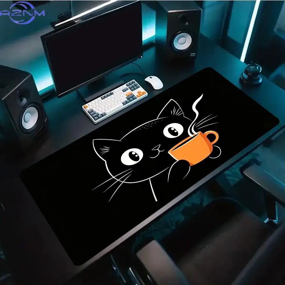 Desk Setup Pc And Laptop - Leuke kattenafbeelding in lijnenstijl, met koffiekopje,