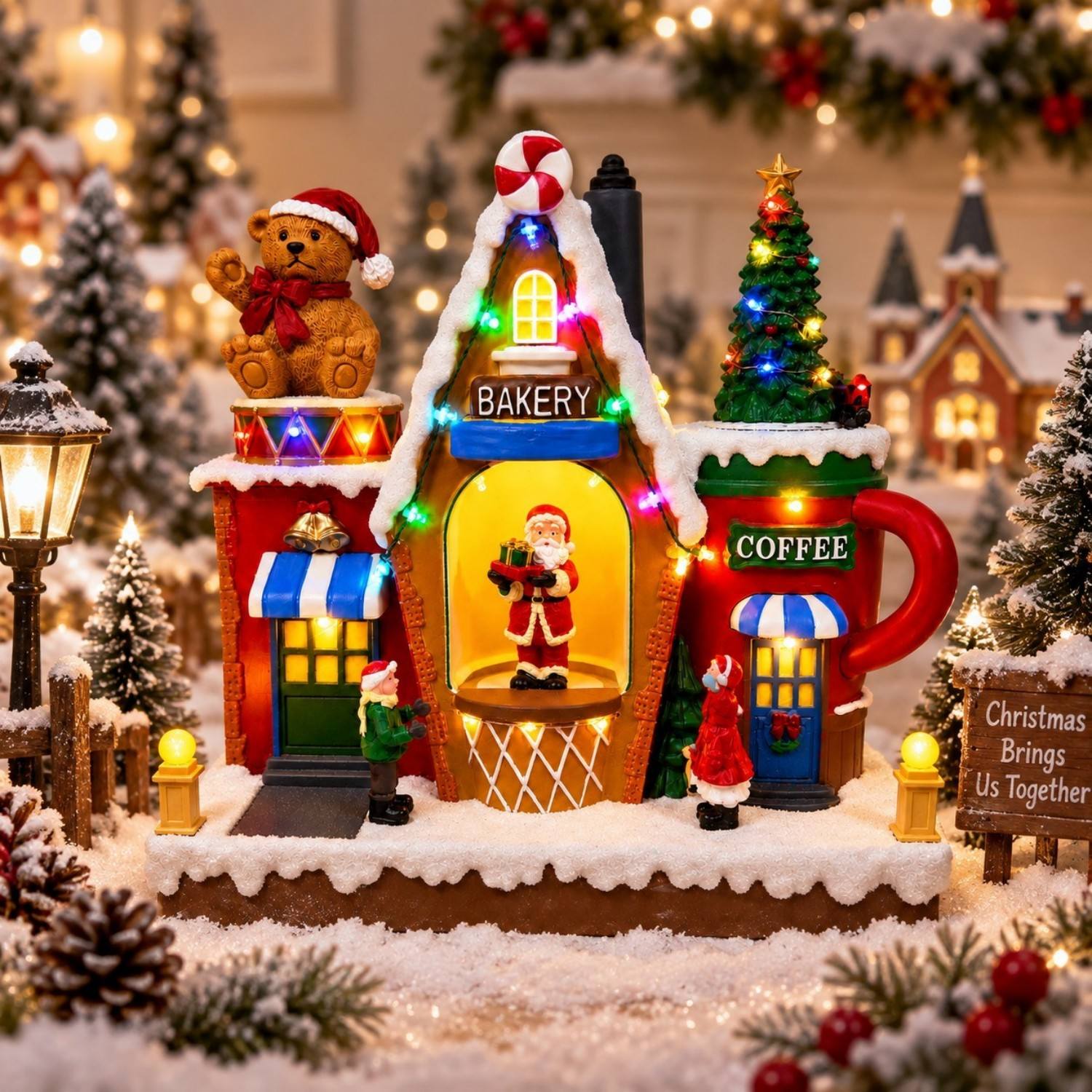Desk Setup Lamp - Kerstdorpshuis met animatie, draaiende kerstman, kerstboom,